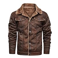 Mens Faux Leather Motorcycle Jackets Fall Winter Casual Vintage Windproof Tactical Sherpa Trucker Moto Jacket Coat