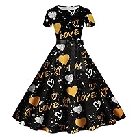 Corset Dress Formal Plus Size,Womens Valentines Day Love Print Round Neck Short Sleeve Retro Casual Dress Two S