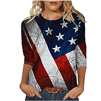 Women's 3/4 Sleeve Shirts American Flag Print Patriotic Tee Tops 4th of July Gift Summer Casual Crewneck Pullover