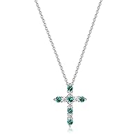 Amazon Essentials Created Gemstone and 1/8 CT TW Lab Grown Diamond Cross Pendant Necklace with Cable Chain in Platinum Over Sterling Silver, 18