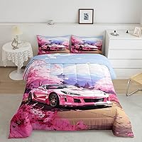 Race Car Kids Comforter Set Twin Size,Sakura Cherry Blossom Japanese Ukiyo-e Bedding Set,Girls Women Room Decor,Modern Extreme Sports Games Down Comforter,Pink Romantic Duvet Insert,1 Pillowcase
