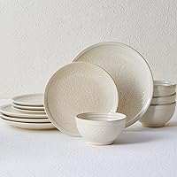 Dinnerware Sets, Beige Relief Plates and Bowls Sets, 12 Pieces Stoneware Dinnerware Set Service for 4, Vintage Look Dish Set Clearance, Handmade Highly Chip and Crack Resistant Dishes