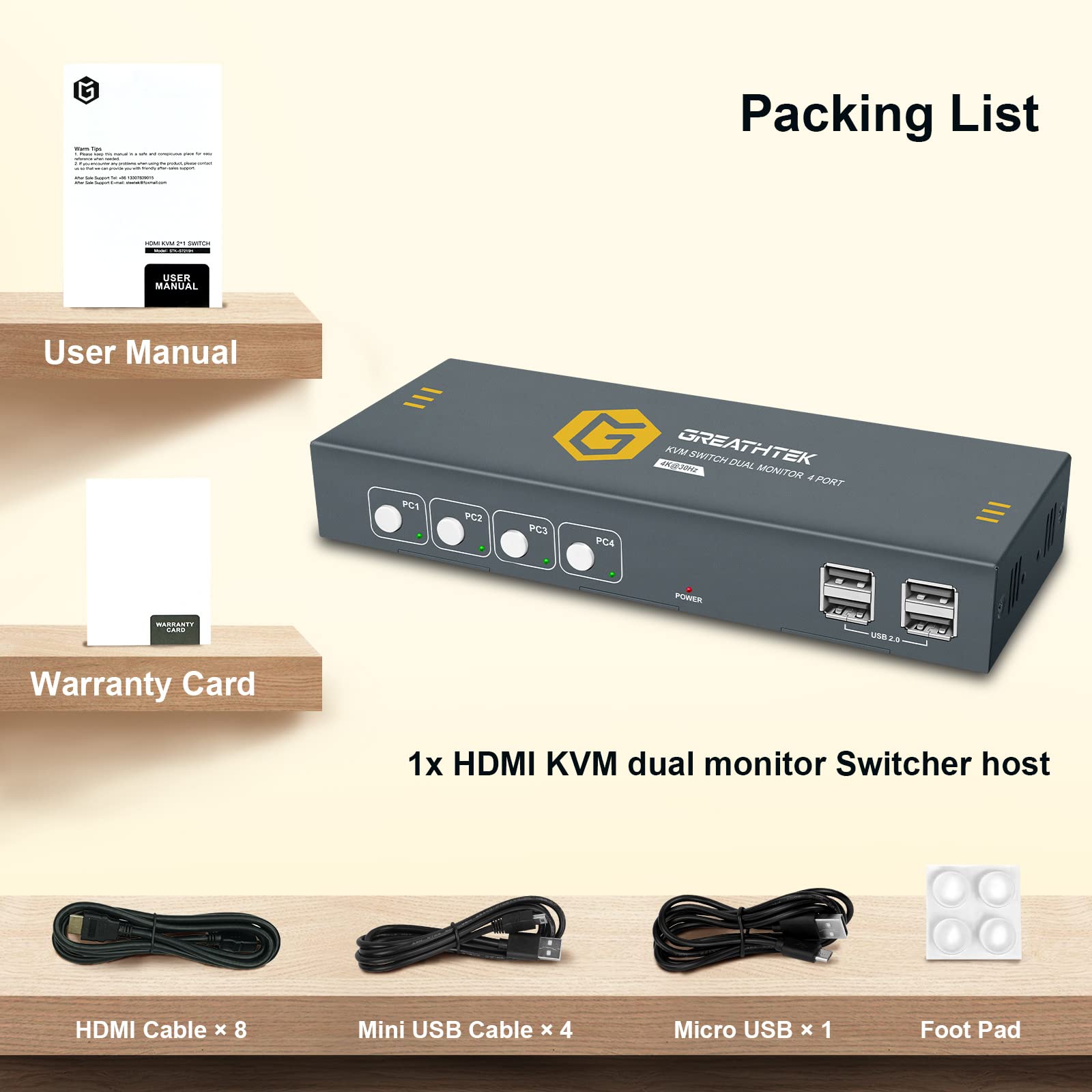 KVM Switch HDMI Dual Monitor Extended Display 4 Port, 4 USB 2.0 Hub, UHD 4K@30Hz Downward Compatible, Button Switch, with All Needed Cables, No Adapter Required