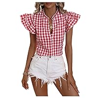 Milumia Women's Casual Plaid Frill V Neck Half Button Layered Flutter Sleeve Blouse