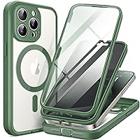 TIESZEN Magnetic for iPhone 15 Pro Max Case, [Dustproof Design] Compatible with MagSafe, Built-in 9H Tempered Glass Screen Protector + Privacy Screen Protector & Upgraded Camera Protection, Pine Green