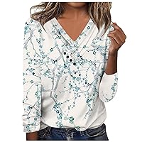 V Neck Shirts for Women Long Sleeve Button Tee Shirt Fashion Graphic Tops Cute Plus Size Blouse Teen Outfits