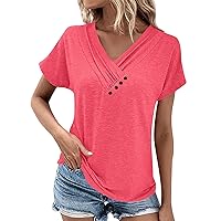 Summer Tops for Women Casual Pleated Button V-Neck Short Sleeve T Shirts Solid Color Trendy Tees Loose Cute Tunics Clothing