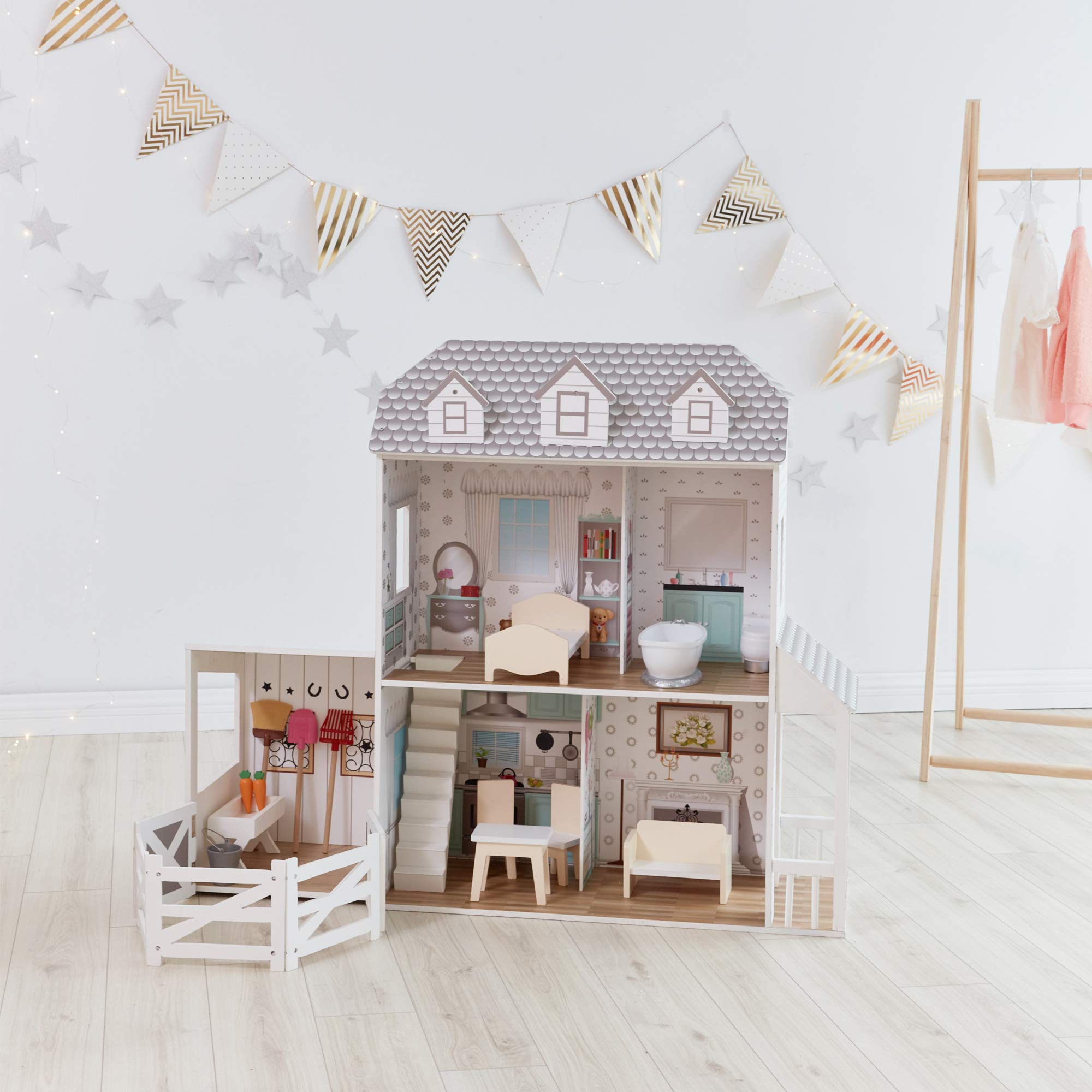 Teamson Kids - Dreamland Farm House Wooden Pretend Play Doll House Dollhouse For 12