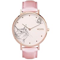 MEDOTA Love Series - Hand Drawing Cat Single Dial Water Resistant Analog Quartz Quickly Release Pink Leathers Strap Watch - Rose Gold/No.LO-10502