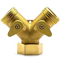 2 Way Brass Hose Splitter - All Metal Body - Y Connector and Garden Hose Adapter for Outdoor Faucet Use - Heavy Duty Wye Fittings to Connect to Outside Water Hose Bib - Double Valve