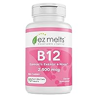 EZ Melts B12 as Methylcobalamin, 2,500 mcg, Sublingual Vitamins, Vegan, Zero Sugar, Natural Cherry Flavor, 90 Fast Dissolve Tablets