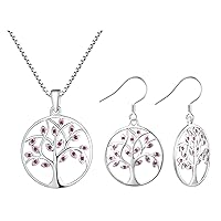 YL Tree of Life Pendant Necklace 925 Sterling Silver Created Ruby Dangle Earrings Round Family Giving Jewelry Set