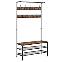 VASAGLE DAINTREE 3-in-1 Entryway Coat Rack and Storage Bench, Pipe Style Hall Tree with 9 Hooks, Multifunctional, Sturdy Steel Frame, Large Size, Industrial, Rustic Brown and Black UHSR47BX