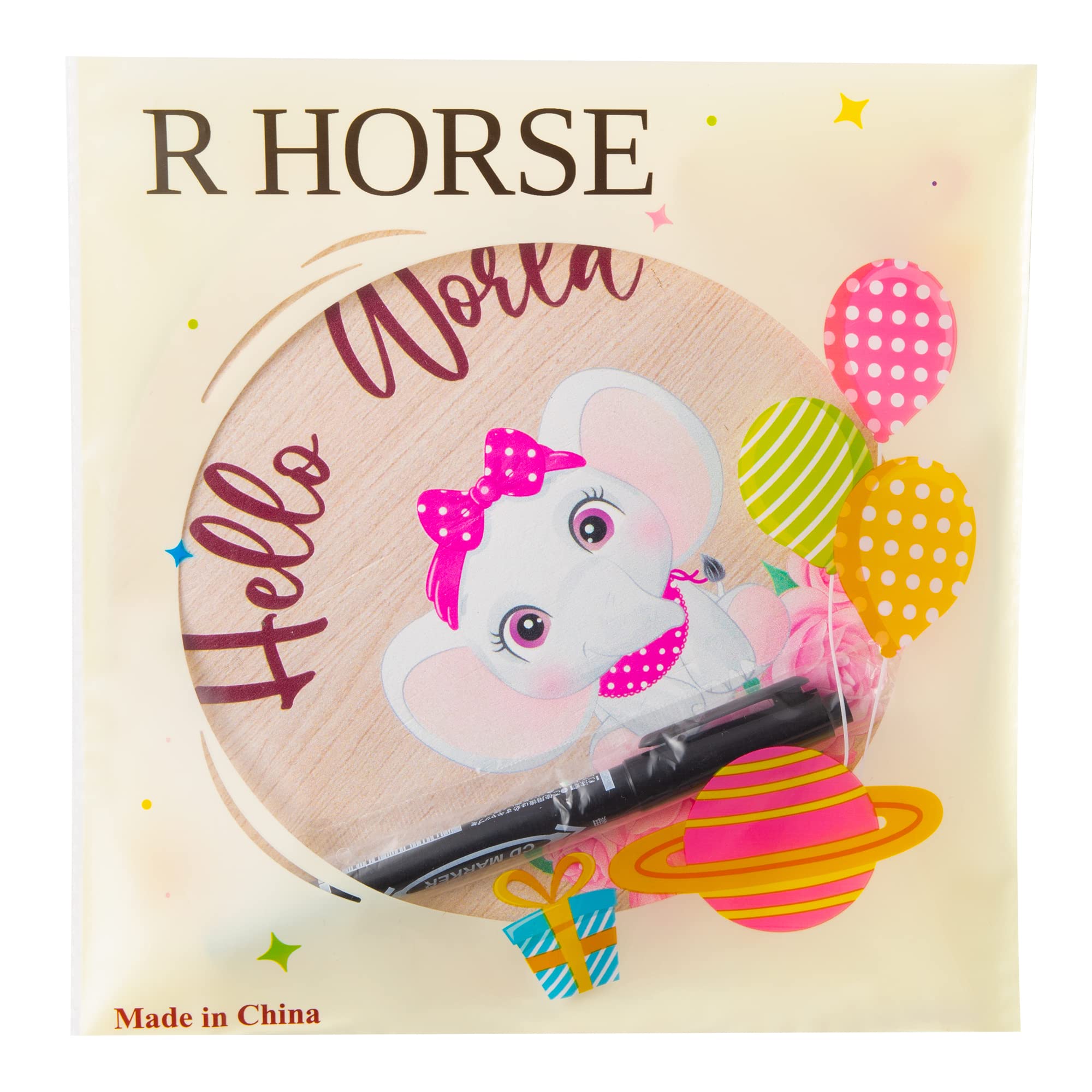 R HORSE Baby Birth Announcement Sign with Maker Pen Hello World Newborn Sign Double-Sided Pink Elephant Baby Name Announcement Sign Personalized Wooden Birth Sign for Girls Baby Shower Keepsake Gifts