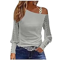 Long Sleeve Crop Tops for Women Long Sleeve Business Shirt for Ladies Plus Size Fall Elegant Plain Stretch Lace One Shoulder Spaghetti Strap Fitted Blouse Ladies Gray XX-Large