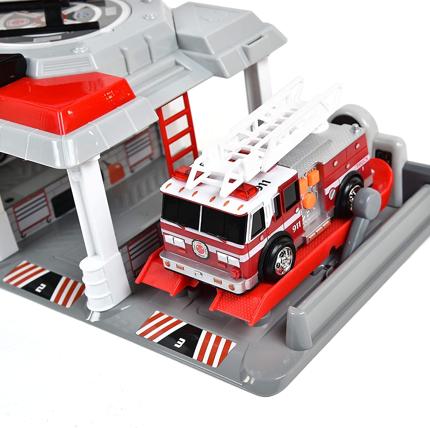 Fire and Rescue Garage Lights and Sounds Toy Set for Kids | Working Intercom with Open and Close Parking Garage and Vehicle Lift | Playset Includes Helicopter and Fire Truck with Friction Motor