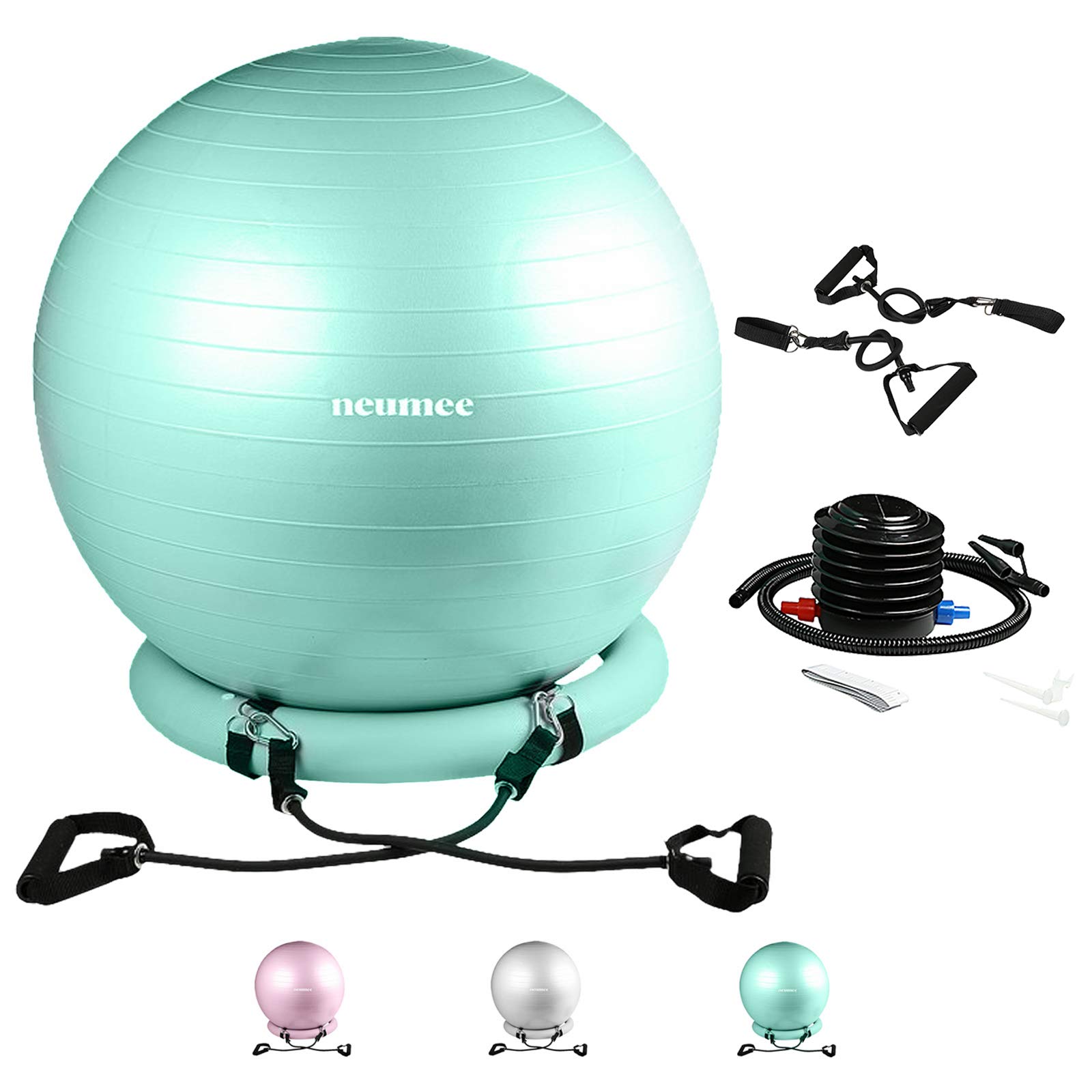 NEUMEE Exercise Ball Chair with Resistance Bands, Yoga Ball Office Chair with Stability Base for Home Gym, Workout Ball for Fitness, Large Size 65 cm