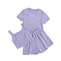 OYOANGLE Girl's 3 Piece Summer Outfits Rib Knit Solid Tee Shirts and Cami Top with Shorts Set