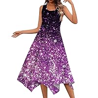 Women's Casual Fashion Round Neck Sleeveless Vintage Printed Irregular Hem Midi Dress,Evening Dresses for Women