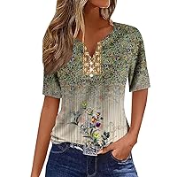 Short Sleeve Shirts for Women,Womens Tops V Neck Henley Button Sequin Floral Print Y2K Tee Shirts Fashion Button Down Boho Hawaiian Blouse Cotton Tops for Women