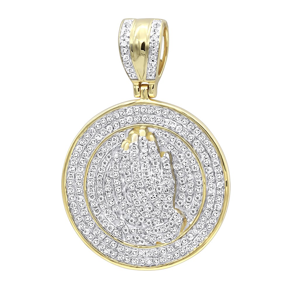 Mens 14K Gold Hip Hop Jewelry: Praying Hands Diamond Pendant Medallion 0.9ctw by Luxurman
