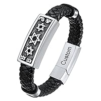 ChainsHouse Personalized Custom Mens Stainless Steel Star of David Leather Bracelet Cuff Bangle 19cm