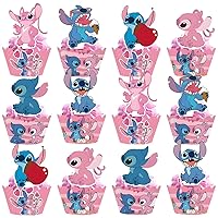 Pink Stitch Cake Cupcake and Wrappers Paper Wraps Decoration Supplies Stitch Cupcake Topper for Kids Birthday Party (Pink）