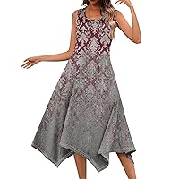 Cute Sun Dresses for Women Vintage Dress for Women 2024 Floral Print Casual Flowy Elegant Slim Fit with Sleeveless Round Neck Swing Dresses Wine Small