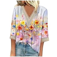 Womens 3/4 Sleeve Shirts Plus Size Loose Fit Blouses Trendy Bohemian Floral Graphic Tees Sexy Lace V Neck Summer Tops