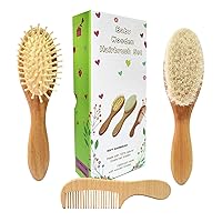 Molylove 3 Piece Baby Hair Brush and Comb Set for Newborn - Natural Wooden Hairbrush with Soft Goat Bristles for Cradle Cap - Perfect Scalp Grooming Product for Infant, Toddler, Kids - Baby