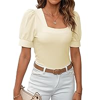 EVALESS Womens Summer Square Neck Tops 2024 Trendy Puff Short Sleeve Textured T-Shirts Dressy Casual Blouses