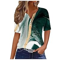 Eyelet Tops for Women Short Sleeve Button V Neck Tshirts Summer Printed Graphic Tees Casual Blouses Loose Fit Tunics