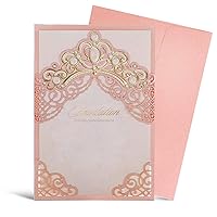 Hosmsua 50PCS Blank Pink Quinceanera Invitations Kit 5x7.3 Inch Laser Cut Floral Gold Crown Pocket Quinceanera Invitation Cards with Envelopes for Birthday Bridal Shower Invite