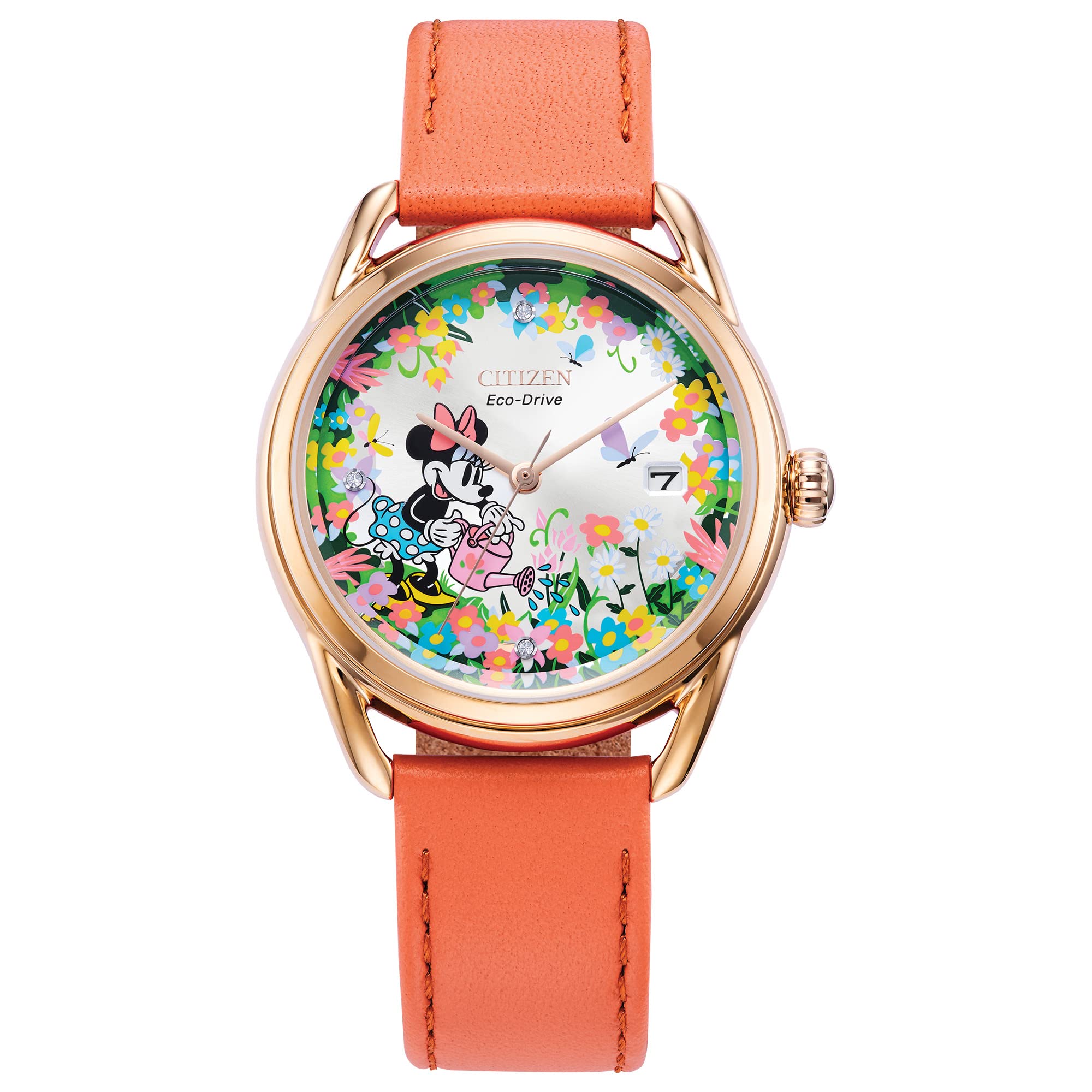 Citizen Eco-Drive Ladies' Disney Minnie Mouse Gardening Watch, Gold Tone with Coral Strap, Floral, 3-Hand Date, 36mm (Model: FE6087-04W)