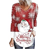 Womens V Neck Christmas Shirts Fashion Santa Claus Printed Long Fit Pullover Shirts Loose Long Sleeve Tunic Tops