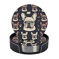 Coaster for Drink Leather Coaster Set of 6 Heat Resistant Drink Coasters with Holder I Love French Bulldog Coffee Cup Mat Tabletop Protection Cup Pad Round Coasters for Kitchen