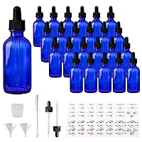 24 Pack 2oz Cobalt Blue Glass Bottles with Glass Eye Droppers for Essential Oils, Perfumes & Lab Chemicals (Brush, Funnels, 2 Extra Droppers, 36 Pieces Labels & 30ml Measuring Cup Included)