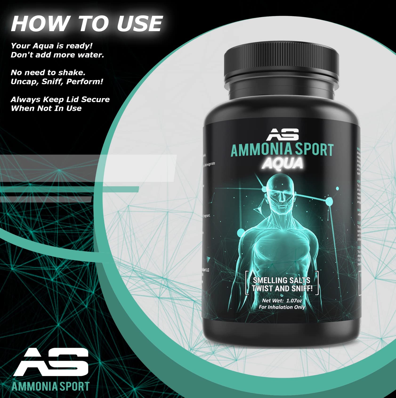 Smelling Salts For Athletes - Aqua - Twist & Sniff! Pre-Activated Salt with Hundreds of Uses Per Bottle - Powerlifting Ammonia Inhalant - Rush, Alert Supplement - Inhalants For Fainting - AmmoniaSport