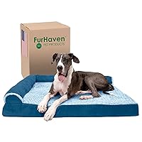 Furhaven Orthopedic Dog Bed for Large Dogs w/ Removable Bolsters & Washable Cover, For Dogs Up to 125 lbs - Two-Tone Plush Faux Fur & Suede L Shaped Chaise - Marine Blue, Jumbo Plus/XXL