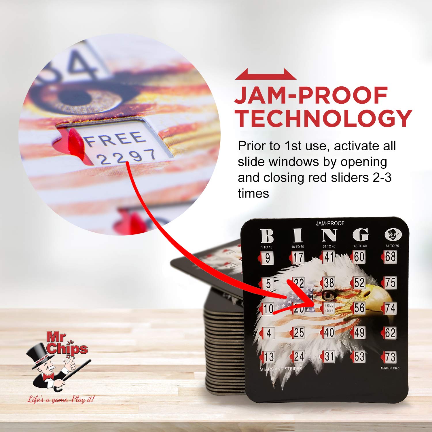 MR CHIPS Jam-Proof Fingertip Bingo Cards with Sliding Windows - Stars & Stripes Design