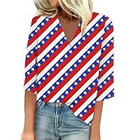 Womens 4Th of July Tank Top 2024, Summer Casual 3/4 Sleeve Shirts V Neck Dressy Tops Trendy Vacation Boho Floral Blouses