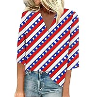 Fourth of July Shirt 2024 for Women, 3/4 Sleeve Summer Tops Ladies V-Neck Tshirt Floral Print Sexy Daily Blouse Casual Tunic