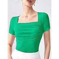 Women's T-Shirt Square Neck Ruched Tee T-Shirt for Women (Color : Green, Size : X-Small)
