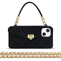 for iPhone 13 Handbag Case with Flip Card Holder Wrist Lanyard Strap Soft Silicone Cover for iPhone 13 Wallet Case for Women Luxury Stylish Long Pearl Crossbody Chain Case Black