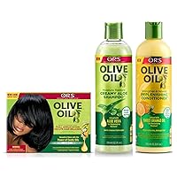 ORS Olive Oil Built-In Protection Full Application No-Lye Hair Relaxer - Normal, Moisture Restore Creamy Aloe Shampoo, Strengthen & Nourish Replenishing Conditioner - Bundle