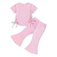 Toddler Baby Girl Ribbed Flare Pants Outfit Short Sleeve Crew Neck Side Drawstring Top Elastic Waist Flared Pants Set