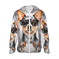 Chihuahua Dog Glasses Print Sun Protection Hoodie Jacket Full Zip Long Sleeve Sun Shirt With Pockets For Outdoor