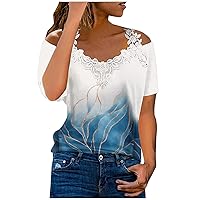 Women's Casual Shoulder V Neck Shirts Loose Fit Summer Tee Tops Basic Lace Patchwork Tunic Fashion Printed Blouses