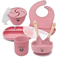 Happy Feet Feeding Set, 9 Piece Baby Feeding Supplies Set, Food Grade Silicone Baby Feeding Set, Baby Led Weaning Set and Baby Dishes, Quality Baby Suction Bowls and Plates. (Pink)
