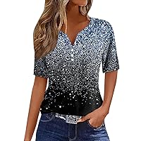 Womens Tops Short Sleeve V Neck Button Collar Geometry Printed Vintage T Shirts 2024 Summer Casual Baggy Blouse